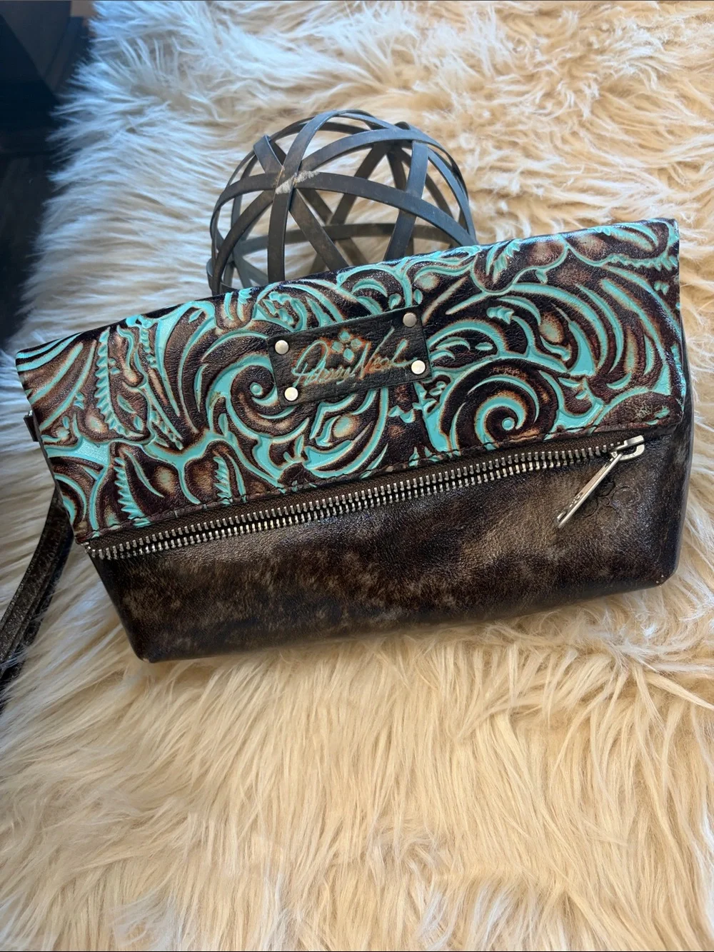 Patricia Nash Turquoise and Brown Tooled Floral Wristlet Clutch